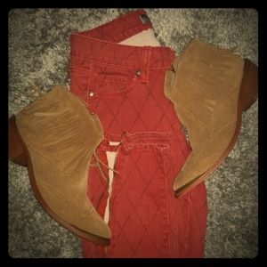 Burgundy Red Flashy Pants With Black Diamonds